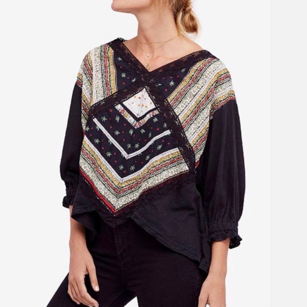Free People Prairie Days Printed Lace Trim Blouse in Black Size XS
